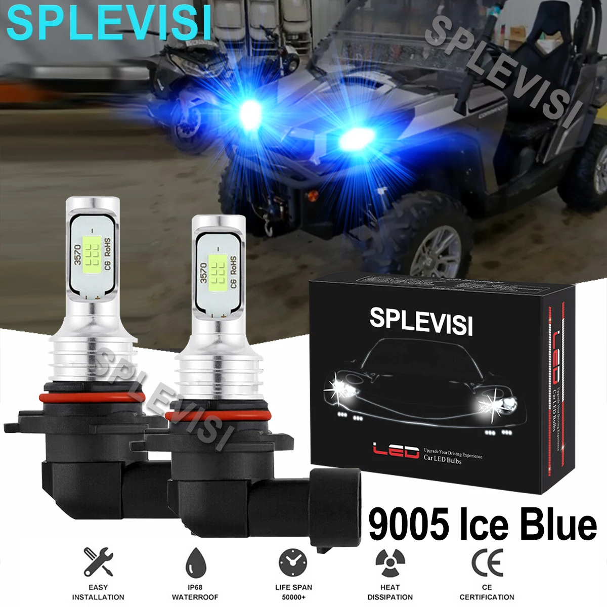 2x70W 8000K Ice Blue LED 9005 HB3 Headlights Kit  For Can Am Commander 1000 2011 2012 2013 2014 2015 2016-2019 1000R 2018-2019