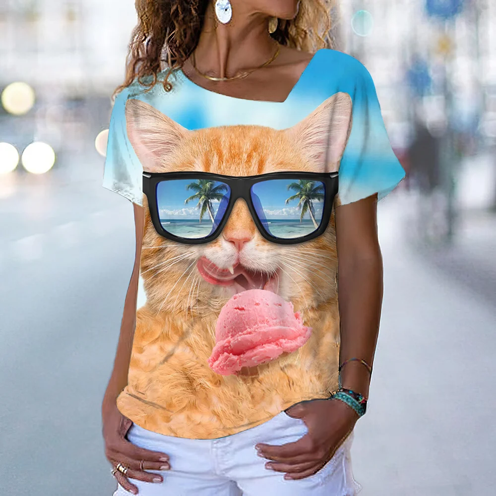 

Футболка женская оверсайз в стиле аниме, рубашка с рисунком кошки и коротким рукавом, с V-образным вырезом, уличная одежда в стиле Харадзюку, ...