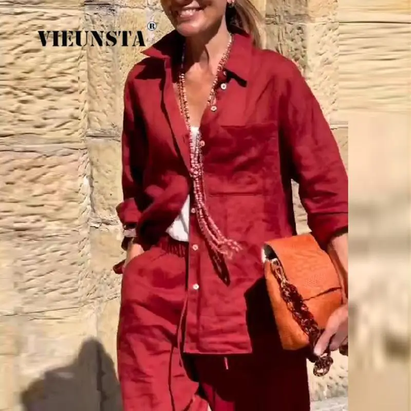 

Женский офисный комплект из 2 предметов, повседневная рубашка с отложным воротником и длинным рукавом и широкие брюки, шикарная офисная блу...