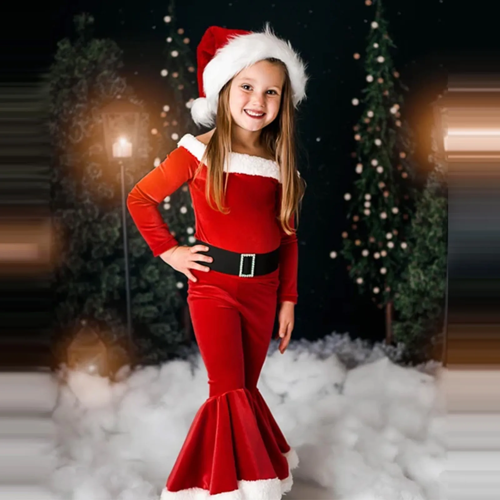 

3Piece Christmas Clothes Set Baby Kids Girls Xmas Outfits Long Sleeve Plush Trim Belted Tops Flare Pants with Santa Hat Set DS39