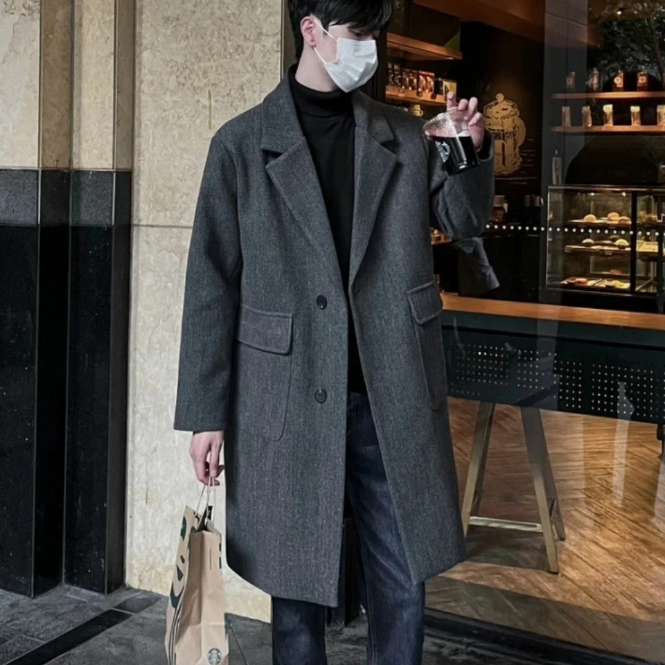 

Корейский тренд мужское свободное повседневное однобортное пальто осень-зима Модное новое шерстяное длинное пальто с длинным рукавом Новинка 2023