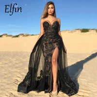 elfin dubai evening dress with detachable skirt sexy backless front slit applique prom gown women arabic formal dress