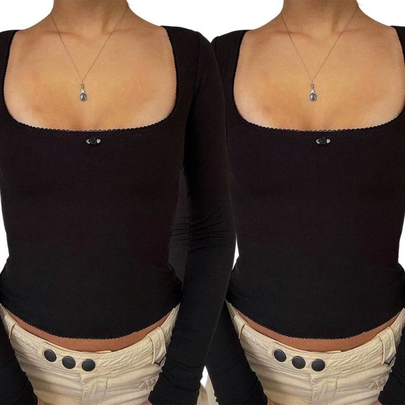 

Женская Кружевная футболка, Однотонная футболка с длинным рукавом и квадратным вырезом