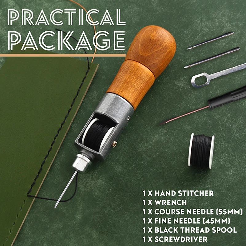 

Professional Wooden Handle Leather Sewing Machine Portable Household Wax Thread Stitching Needles DIY Craft Home Awl Hand Tool