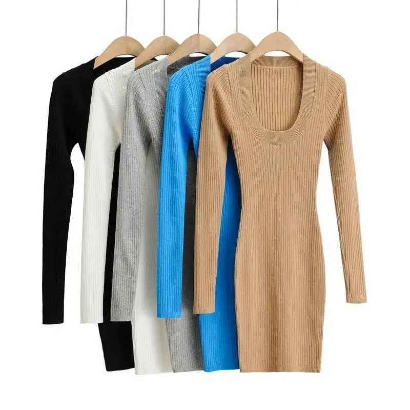 

Women's Knitted Dresses for Autumn and Spring Sweater Dress Sexy Solid U-neck Sexy Waist Full Sleeves Skinny Pack Hip Mini Dress