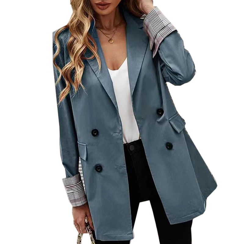 Fashion Blazers for Women Jackets 2023 New Spring Summer Office Ladies Long Coats Notched Double Breasted Outerwear Black Khaki