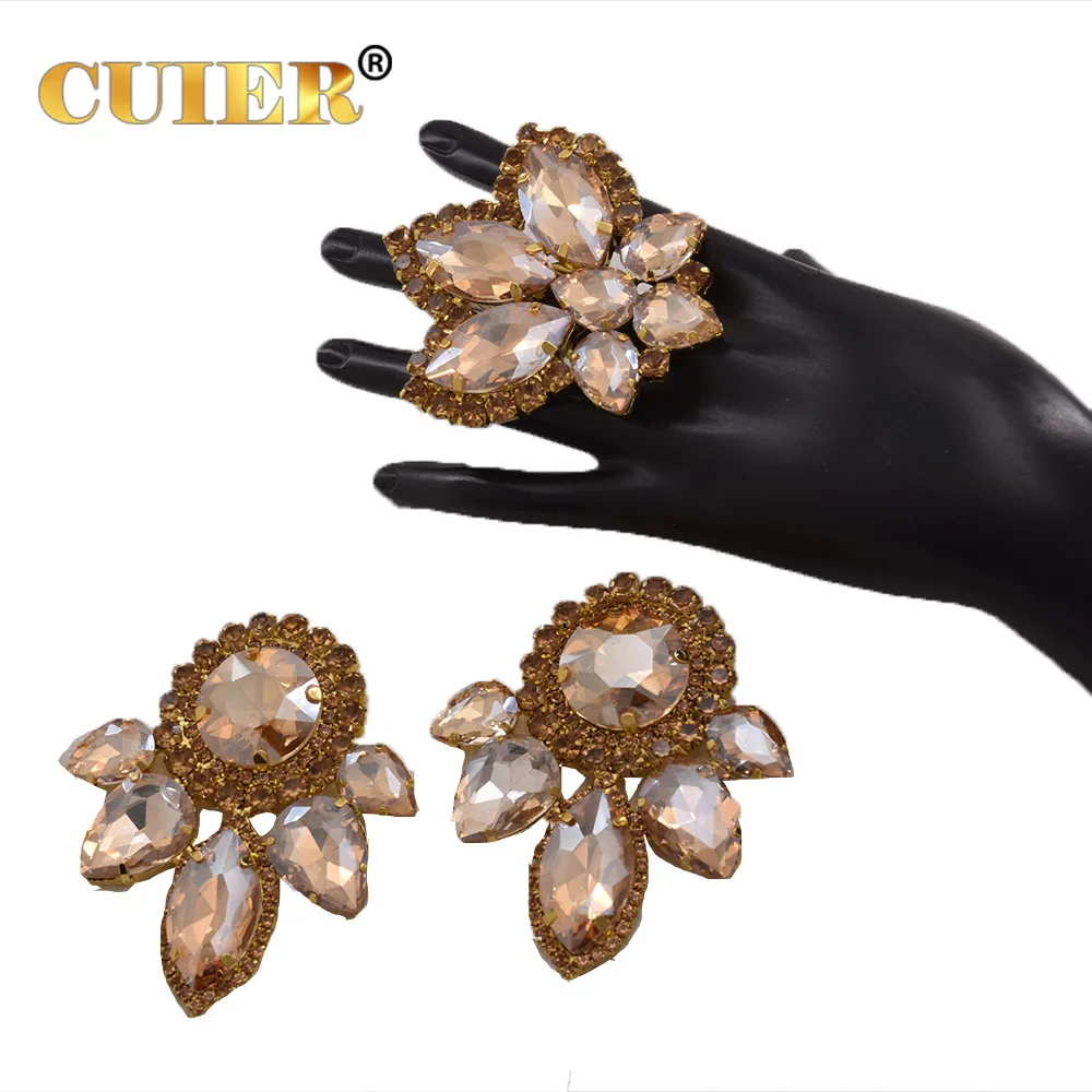 CuiEr Champagne Jewelry Set Earring Clip on Ring  for Women Drag Queen Special Gift for Wedding Fashion TV Shows