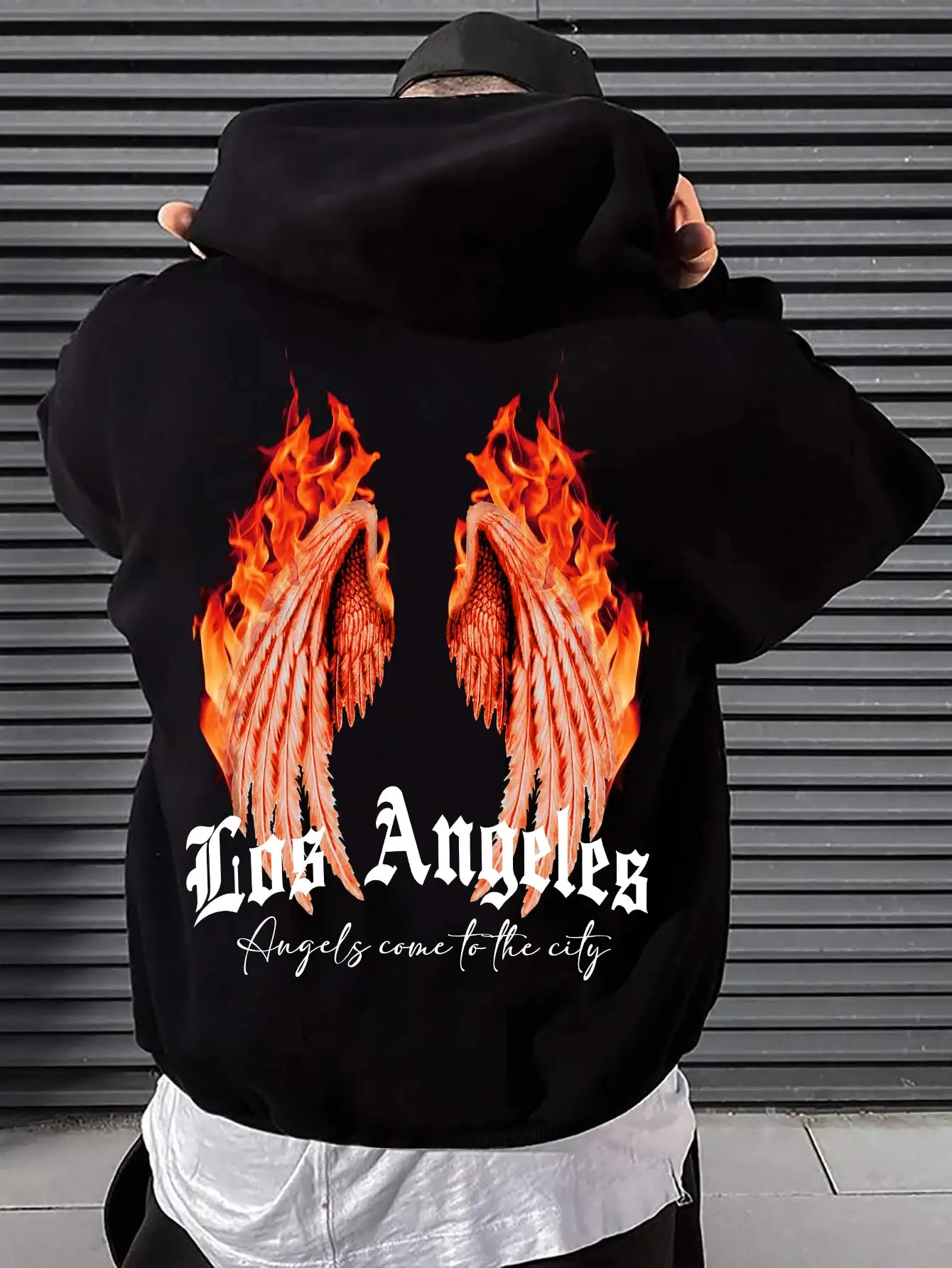 

Los Angeles Funny Flame Wings Pattern Men Hoodie Pocket Casual Hoody Creative Fleece Streetwear New All-Match Male Pullovers