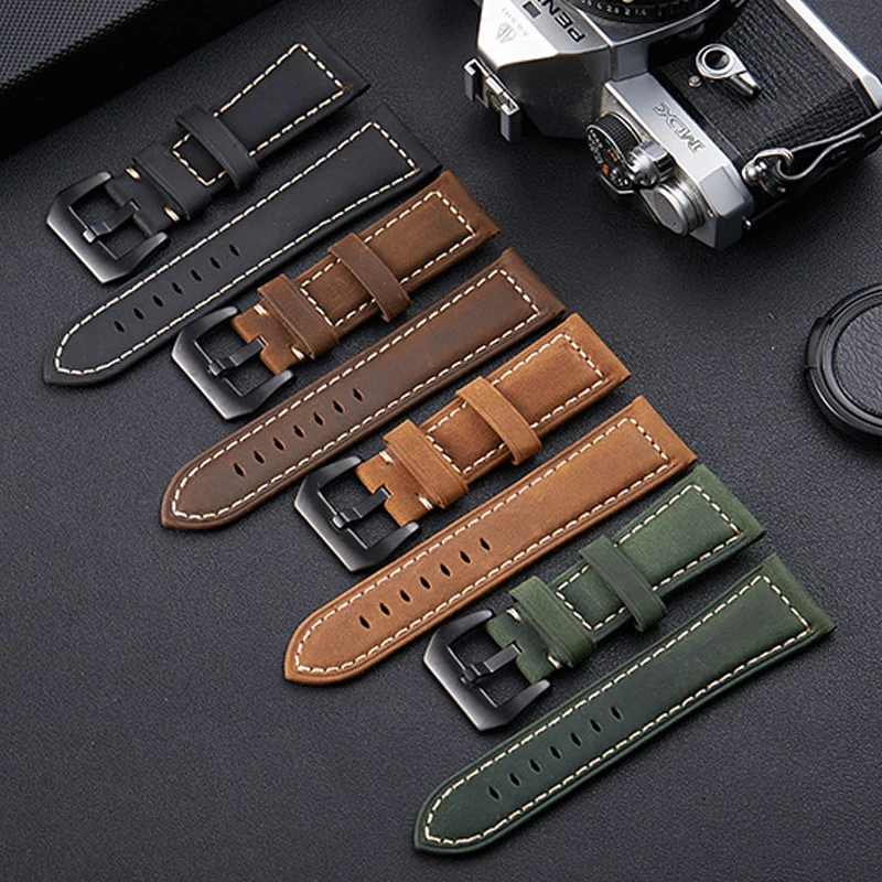 

12/14/16/18/20/22/24/26mm Genuine Nubuck Bamboo Leather Watchband Vintage Handmade Stainless Steel Buckle Strap Accessories