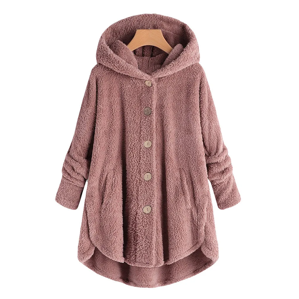 

Women Plus Size Button Plush Coats Tops Autumn Winter Faux Fur Hooded Loose Cardigan Wool Coat Warm Fluffy Jacket Women S-5XL