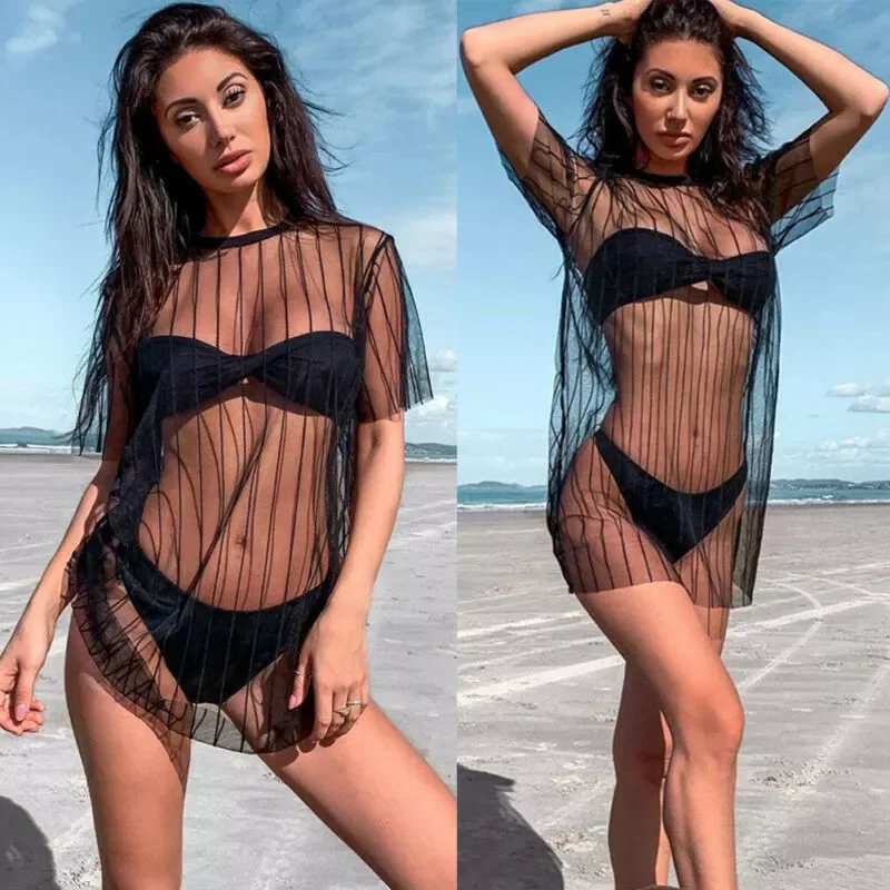 

Mesh Bikini Cover Ups Summer Swimming Dress Short Sleeve Transparent Women Bathing Suit Beach Dress Swimwear Swimsuit Dress