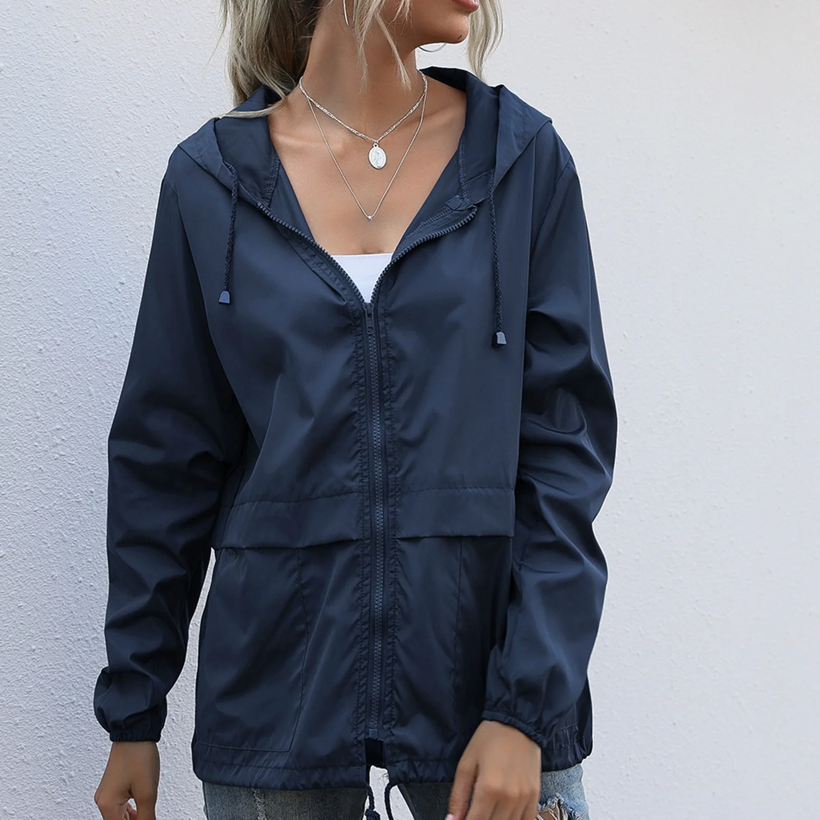 

Solid ded Windproof Sports Coat Female Zipper Long Sleeve Casual Cardigan Drawstring Raincoat Outerwear Women's Jackets