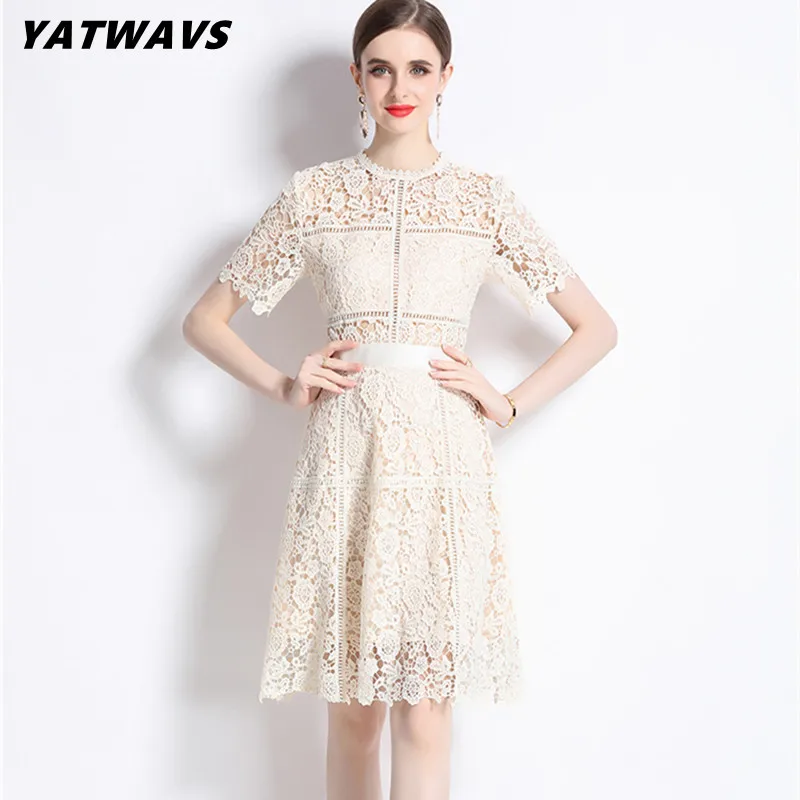 

High Quality Fashion Hollow Out Women's Lace Dresses New Short Sleeve Designer Luxury Embroidery Knee Length Dress Ladies Clothi