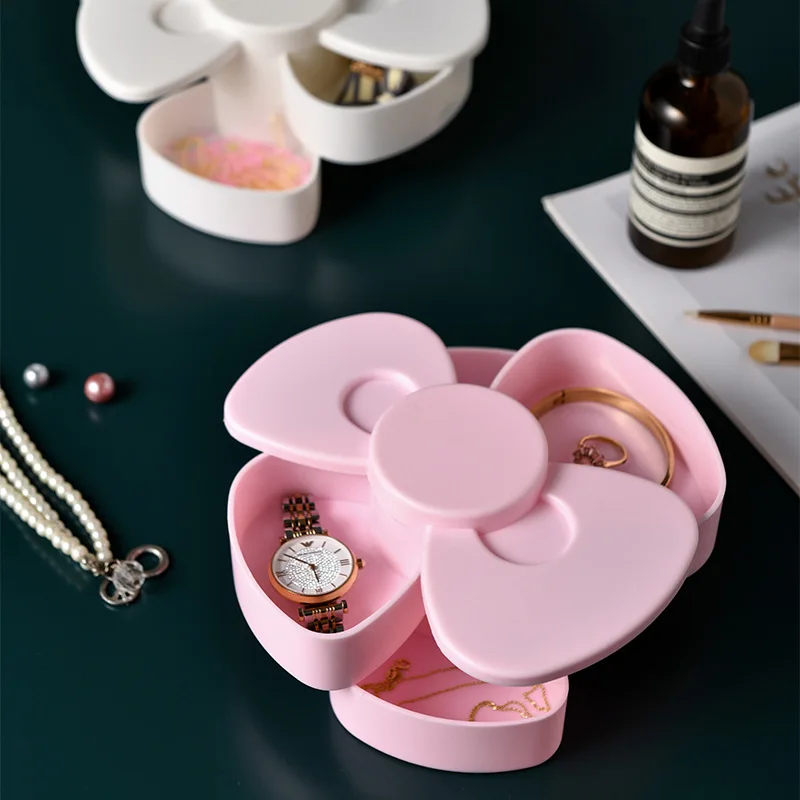 

DIY Earring Storage Box Bow-Shaped Holder Rotary Makeup Necklace Creative Desktop Decor Small Plastic Container Jewellery Case