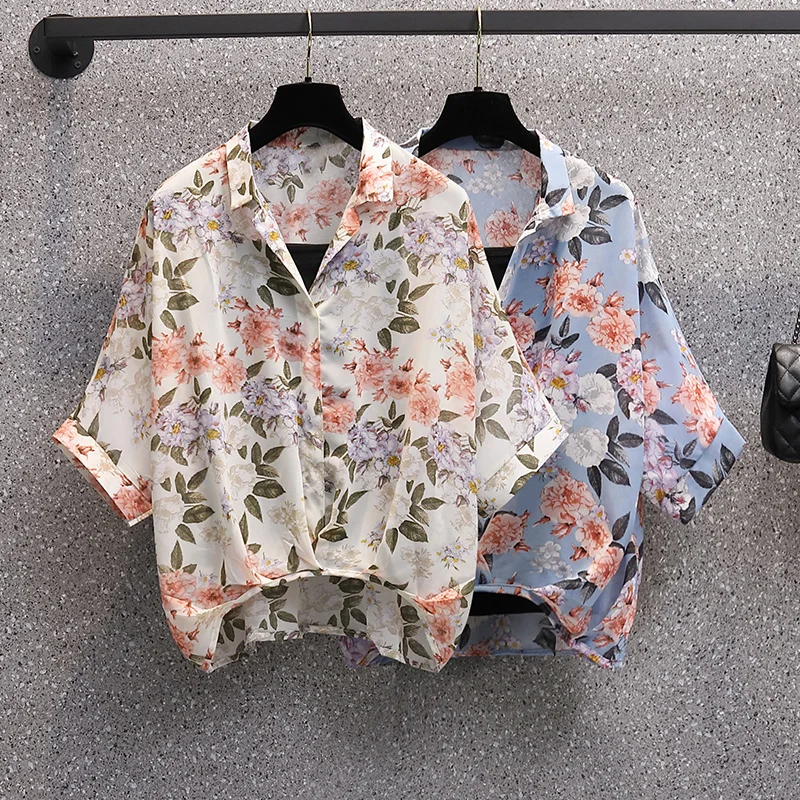

Chiffon Women's Blouse Large Size Floral Printing Shirt Summer Elegant Short Sleeve Casual Top Female Loose Fashion Clothing