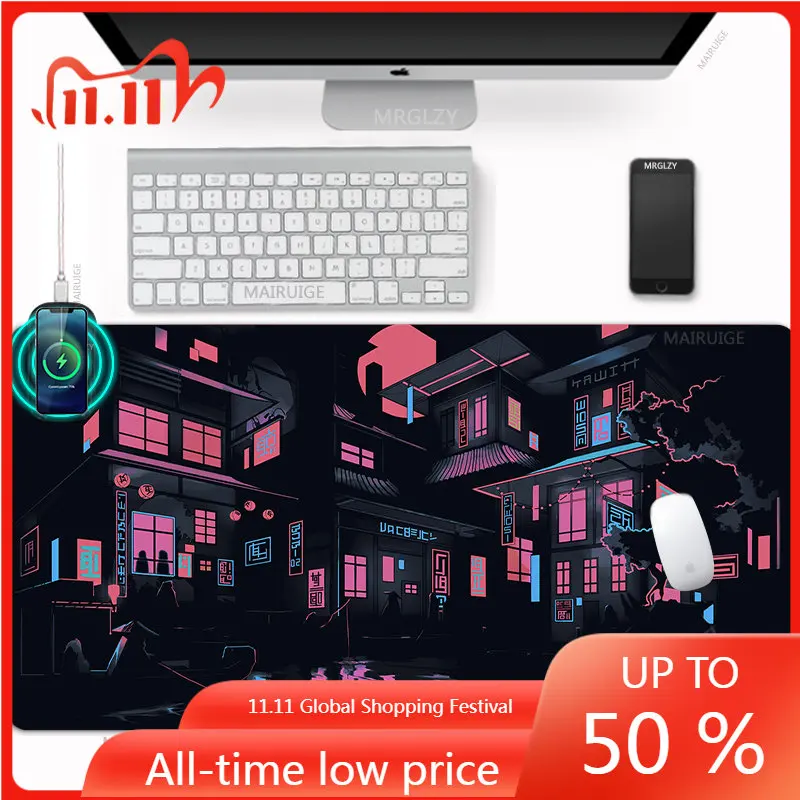 

Drop Shipping Japanese Street Neon Wireless Charging Mouse Pad Large Charge Table Mats Gaming Accessories DeskMats Mousepad Mat