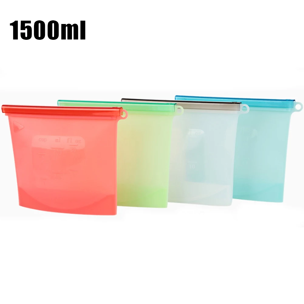 

4pcs 500/1000/1500ML Reusable Thick Silicone Food Storage Bags Kitchen Food Sealing Preservation Bags Freezer Bag Leak Proof