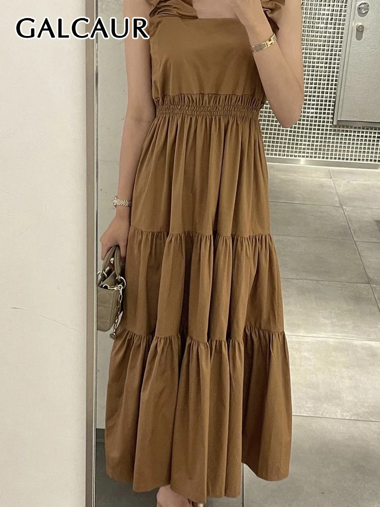 

GALCAUR Korean Camisole Dresses For Women Square Collar Sleeveless Off Shoulder High Waist Loose Ruched Maxi Dress Female Summer