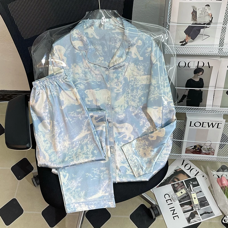 CAIYIER Pink Grid Women's Pajamas Set Ice Silk Satin Thin Sleepwear Ladies Autumn Winter Luxury Cardigan Outside Home Clothing