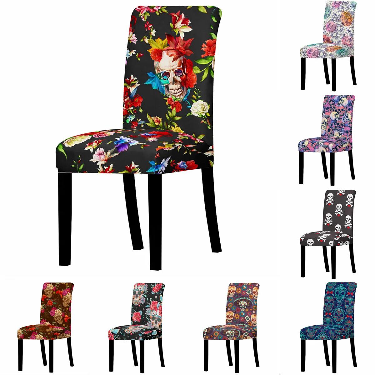 

High Elastic Dining Chair Cover Cartoon Skull Head Washable Dust-proof One-piece Dining Chair Cover for Living Room Home Decor