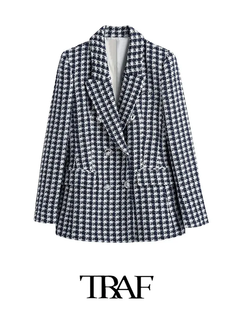 

TRAF 2022 Pocket Check Textured Slim Fit Long Sleeve Blazer Top Women Casual Blazer Woman Office Female Suit Jacket
