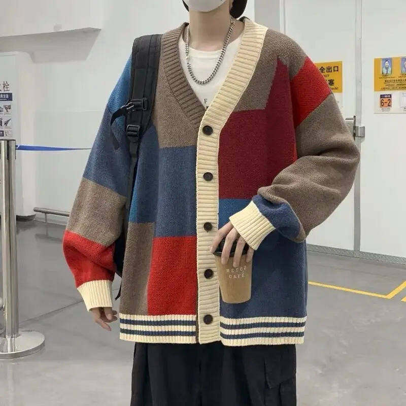 Men's Spring Autumn Fashion Patchwork Sweater Knitted Jacket Coats Male Clothing Long Sleeve Korean V-neck Casual Cardigan B16