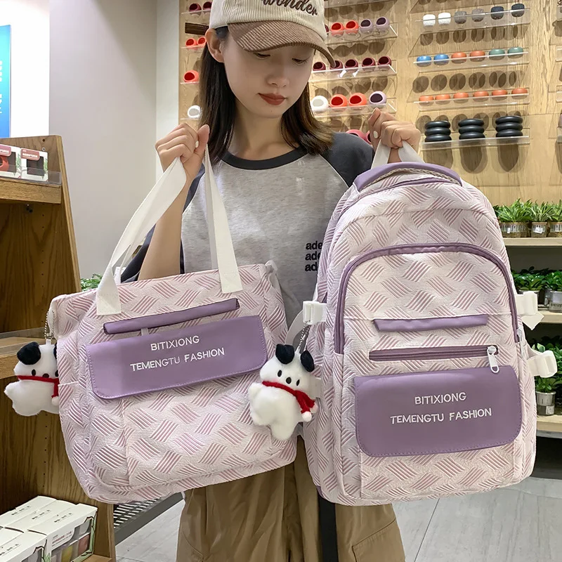 

2pcs/set Women's Backpack Solid Color Female Multi-pocket Rucksack Travel Knapsack Student Schoolbag Laptop for Teenage Girls