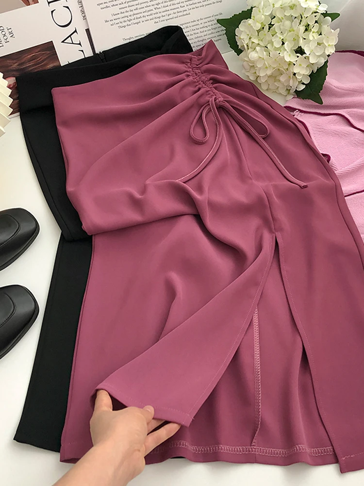 

YuooMuoo High Waist Shirring Women Skirts Summer Elegant Office Lady Front Split A-line Black Skirts Chic 2022 New Lady Bottoms