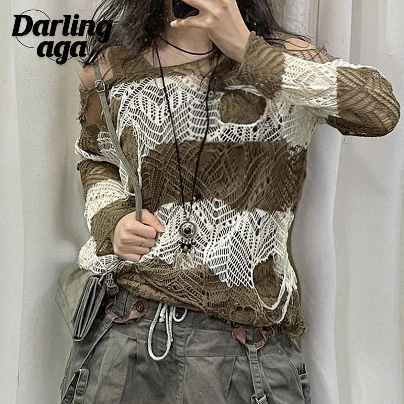 

Darlingaga Grunge Fairycore Hole Ripped Sweater Women Stripe Knitted Pullover Hollow Out Harajuku Smock Tops Breathable Outfits