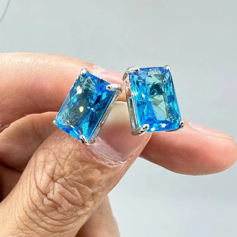 

Minimalist Blue Cubic Zirconia Stud Earrings Fashion Silver Color Wedding Ear Accessories for Women Versatile Jewelry Wholesale