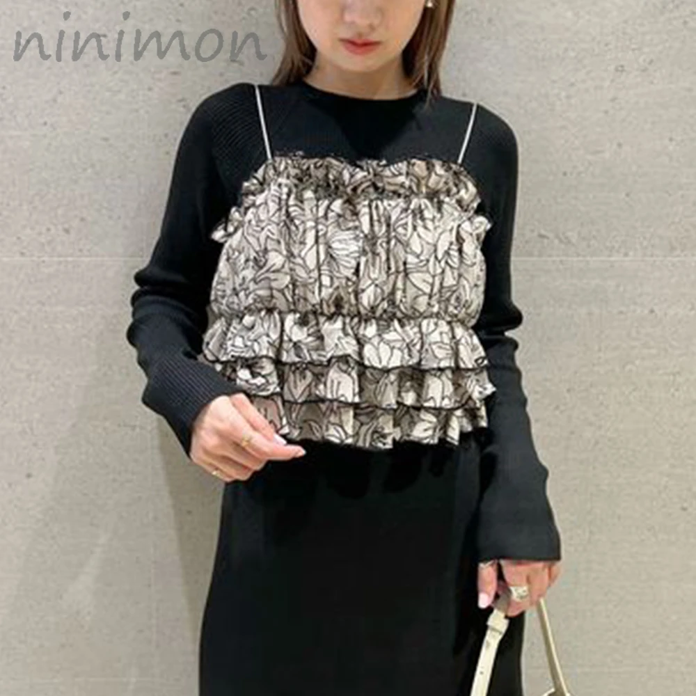 

Кружевная женская блузка NINIMON из тюля, милая женская блузка с каскадными оборками, жилет с вышивкой в горошек, универсальная рубашка