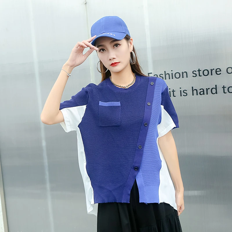 

230439 Contrast Color Partchwork Casual T-shirt Korea 2023 Summer New Arrival Personality Fashion Loose All Match O-neck Tops
