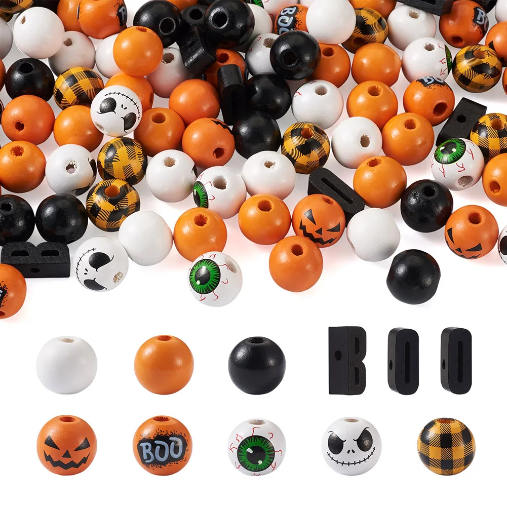 

116Pcs Halloween Large Hole Wooden Beads Green Eye Pumpkin Round Natural Wood Beads DIY Jewelry Crafts Holiday Decoration