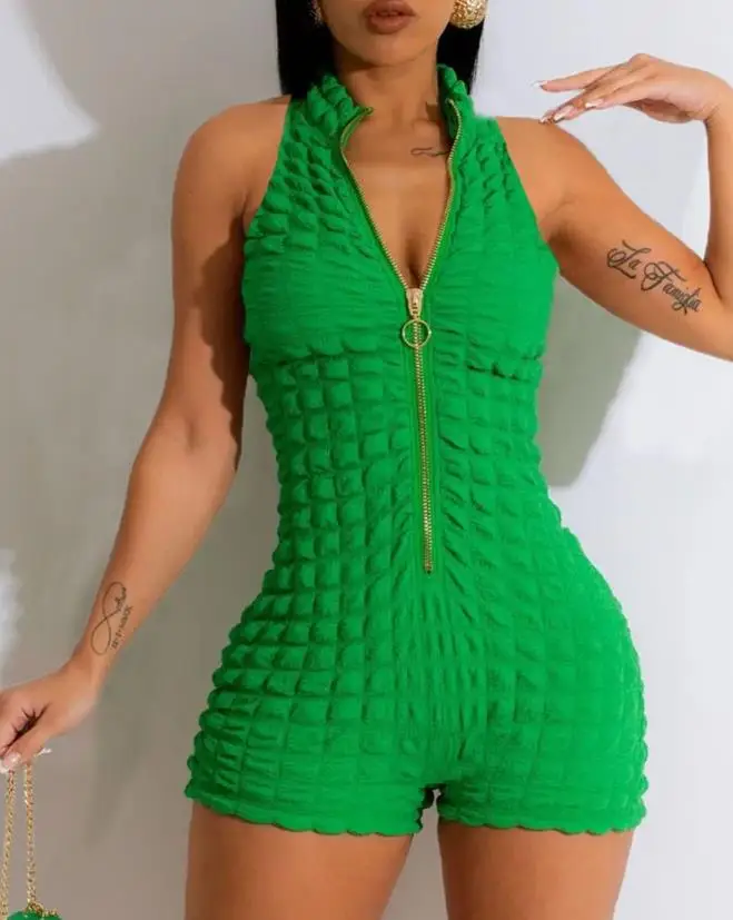 

Jumpsuits Woman 2023 Summer Fashion Zipper Design Mock Neck Textured Sleeveless Casual Romper Streetwear Female Clothing OTTD
