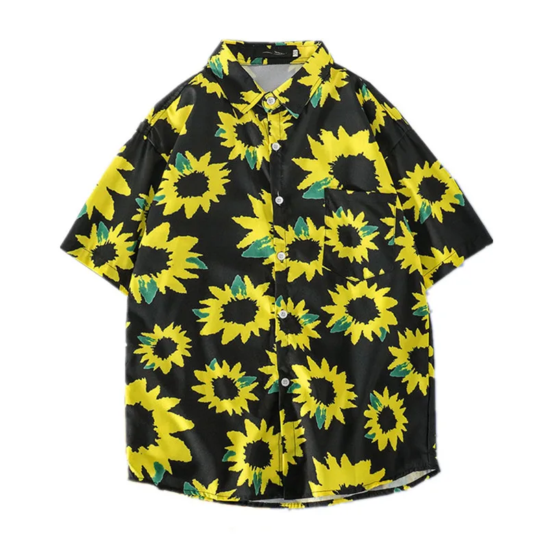 

Summer New Mens Daisy Print Short Sleeve Black Shirt Trendyol Men Oversize Hawaiian Beach Shirts Loose Couple Floral Shirt Hemd