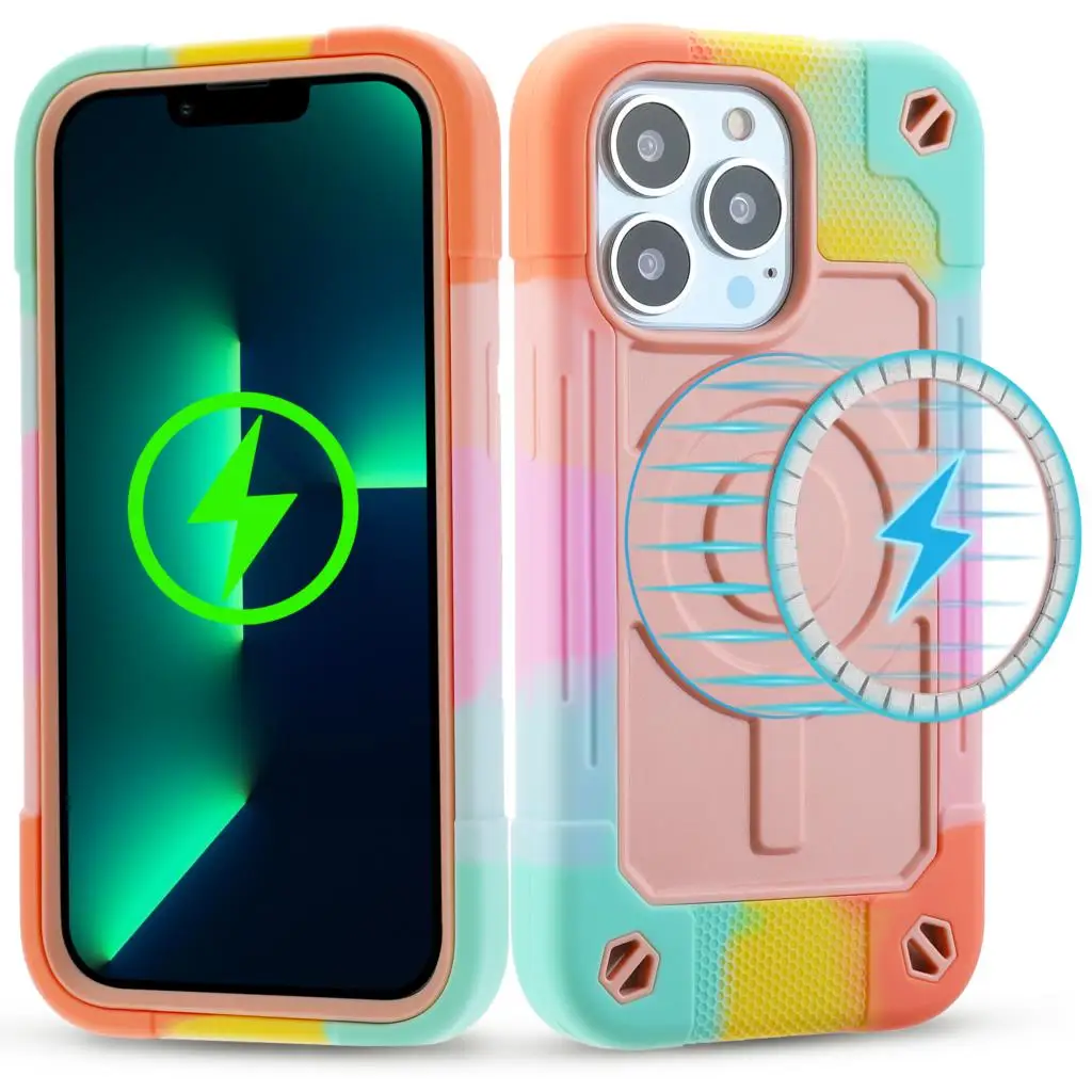 

3in1 Magnetic Wireless Charging Case for iPhone 13 Pro Max 12 Military Full Protective Hard PC + Silicone Armor Shockproof Cover