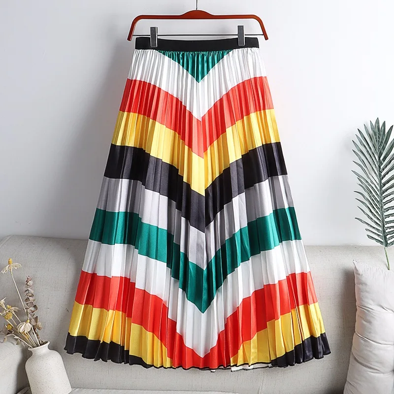 

Skirt Women's Fashion 2022 Color Matching Striped Pleated Skirt 2022 New Contrast Color Large Swing Drape Long Skirt