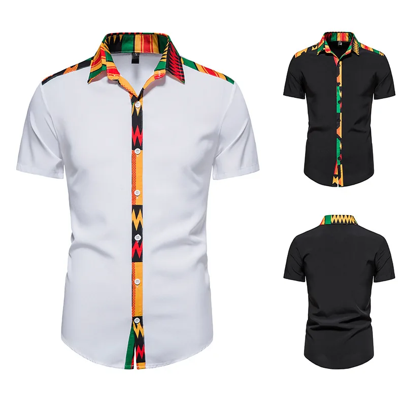 

2022 Summer Men's African Print Patchwork Design Short Sleeve Button Down Shirts Traditional Shirts for Men