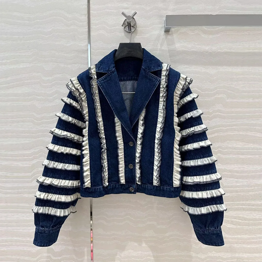 Новая весенняя модная свободная джинсовая куртка женская с оборками в стиле