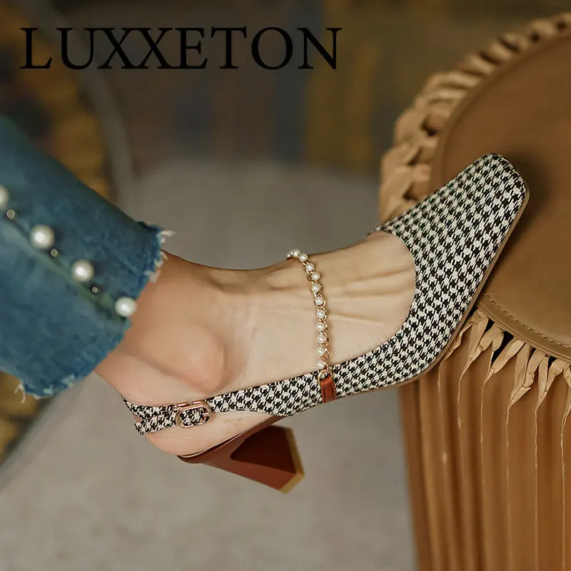 

Women Chunky Heels Retro Plaid Buckle Square Toe Sandals Low Top Fashion Pearl High Middle Heel Solid Color