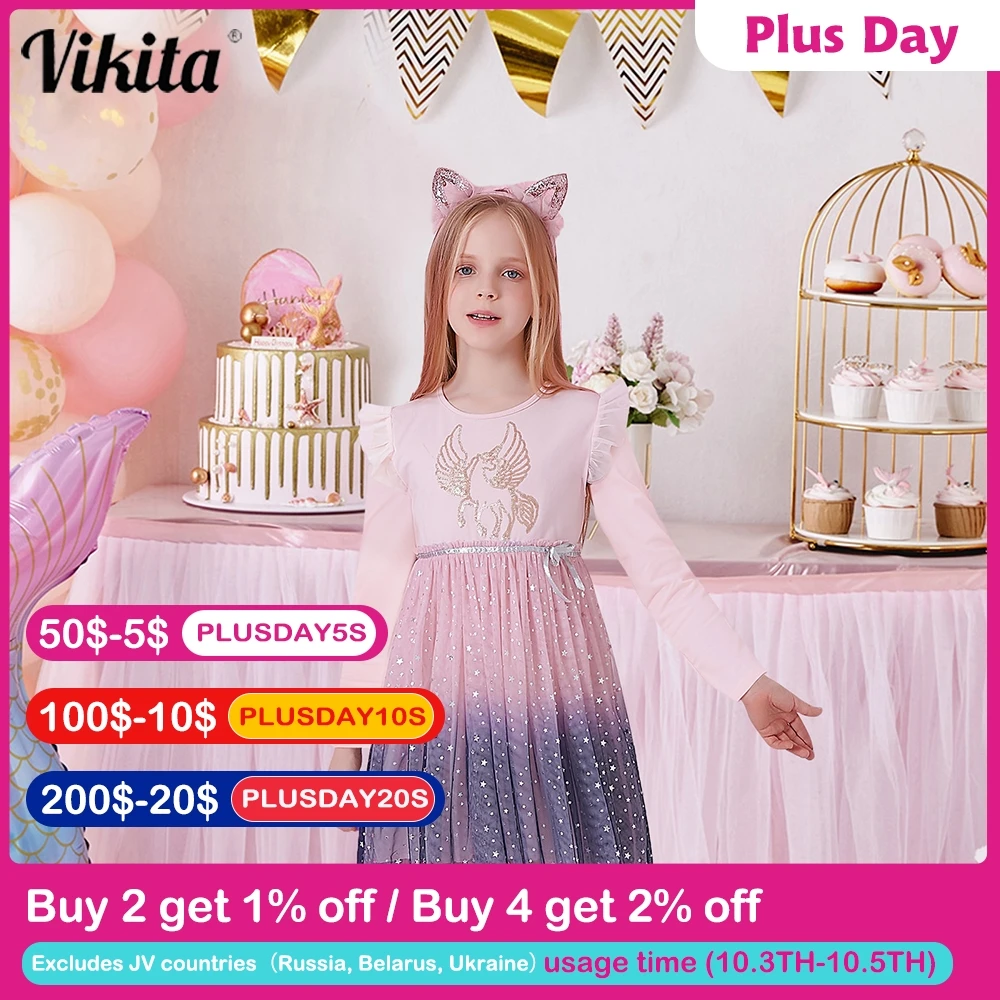 VIKITA Girl Autumn Winter Dress Kids Gradient Long Sleeve Princess Mesh Tulle Dress Kids Unicorn Rabbit Cartoon Elegant Dresses