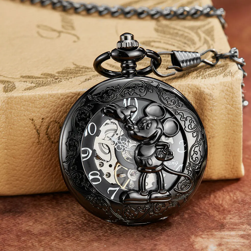 Black Steampunk Skeleton Cartoon Cute Mouse Mehanical Pocket Watch FOB Chain Hand Wind Mechanical Mens Womens Watches with Chain