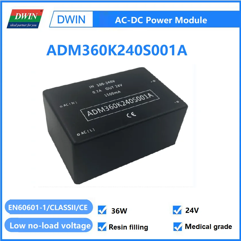 

DWIN AC/DC 24V 36W Low Power Consumption Wide Voltage Input, High Integration Medical Resin Filling Module ADM360K240S001A