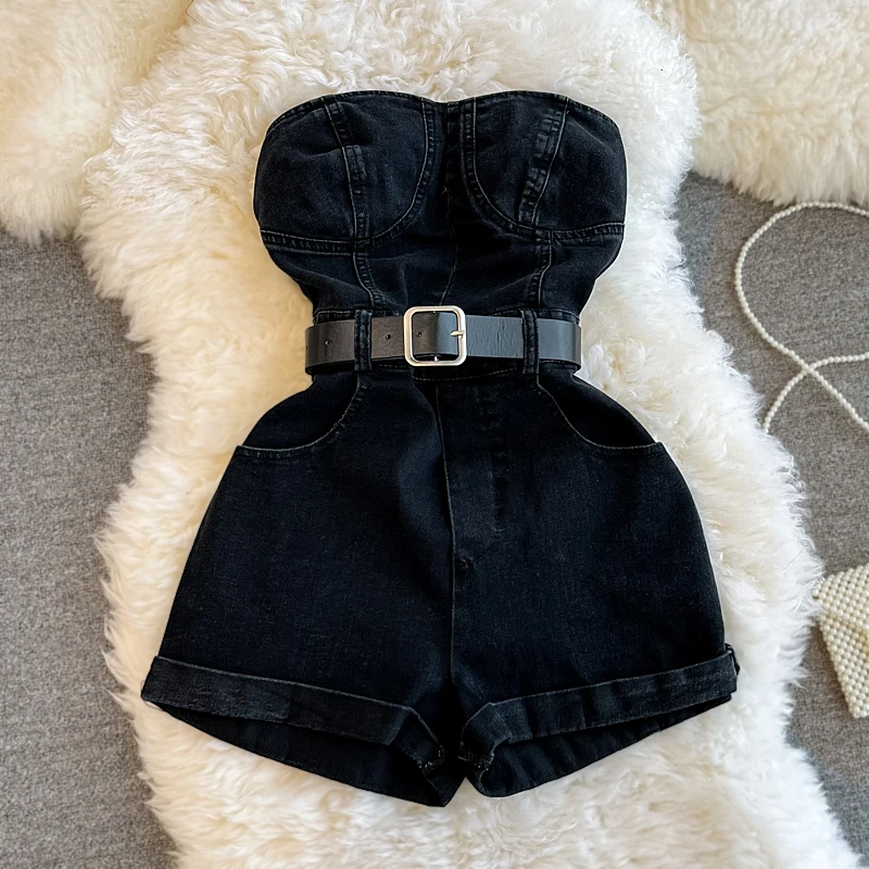 

Fashion Casual Trend Smocked Denim Jumpsuit Shorts Female Summer Hong Kong Style Retro Fashion Wide Leg Overalls Jumpsuit Tide