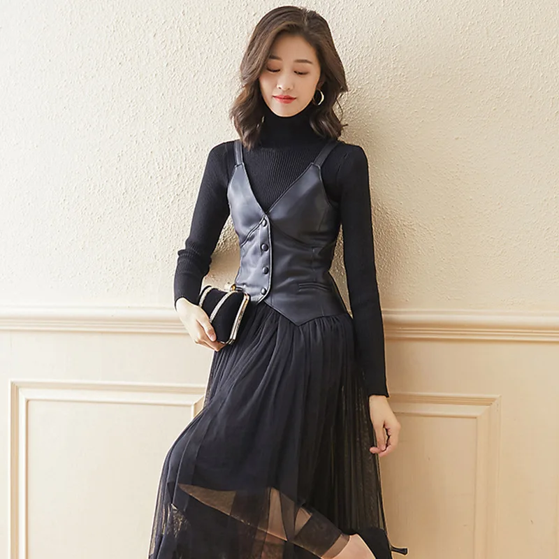 Женский широкий жилет из ПУ кожи с V-образным вырезом