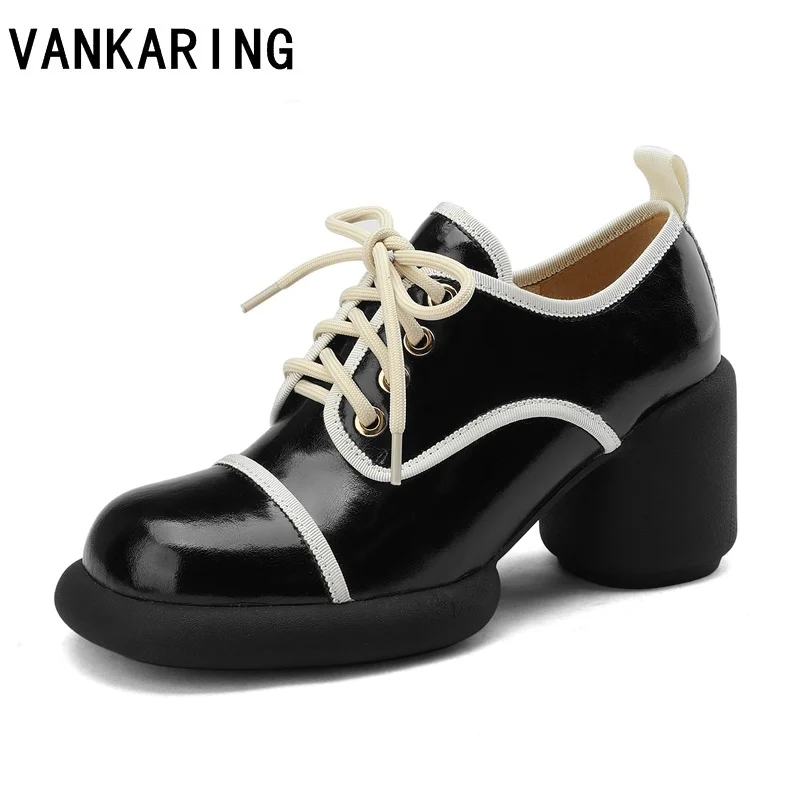 

new shoes women high waterproof heels leather pumps square toe cow leather platform pumps lace-up shoes ladies casual OL shoes