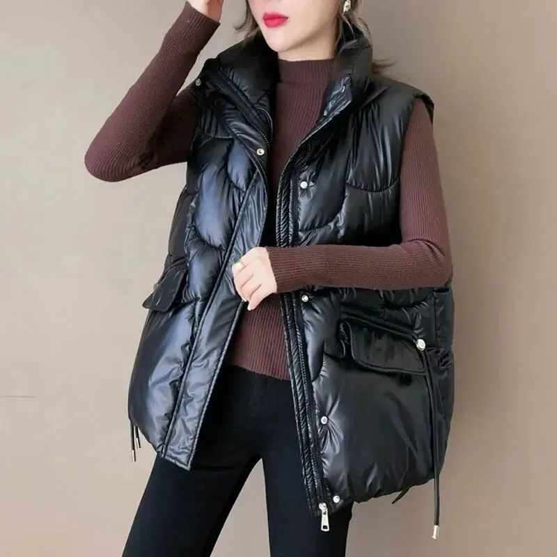 2023 NEW Women's Down Cotton Vest Coat Autumn Winter Short Stand Collar Sleeveless Cotton Jacket Female Casual Quilted Waistcoat