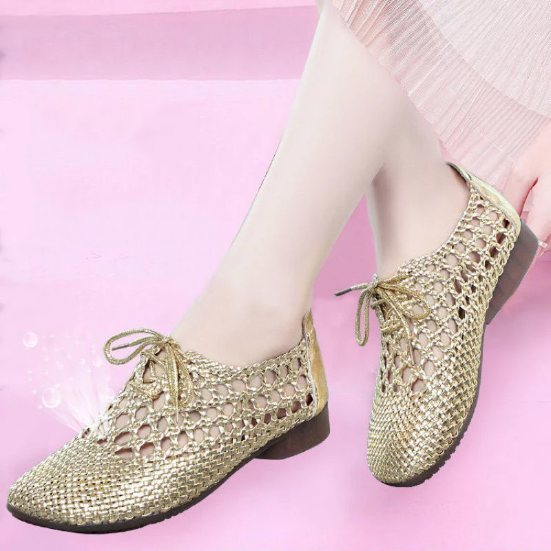 

Gold Sandals Women Cross Strap Braided Retro Shoes Hollow Low Heel Casual Single Shoes Pumps 2022 New Fashion Comfort Sandalias