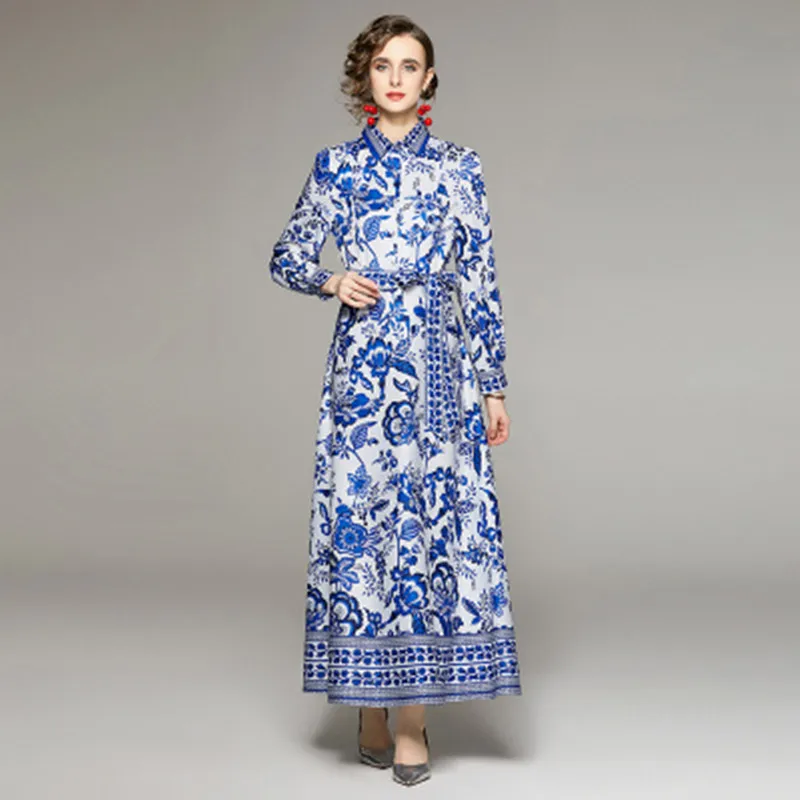 

Runway Blue And White Porcelain Print Long Dress Women's Elegant Lapel Single Breasted Lace-Up Autumn Holiday Maxi Vestidos Robe