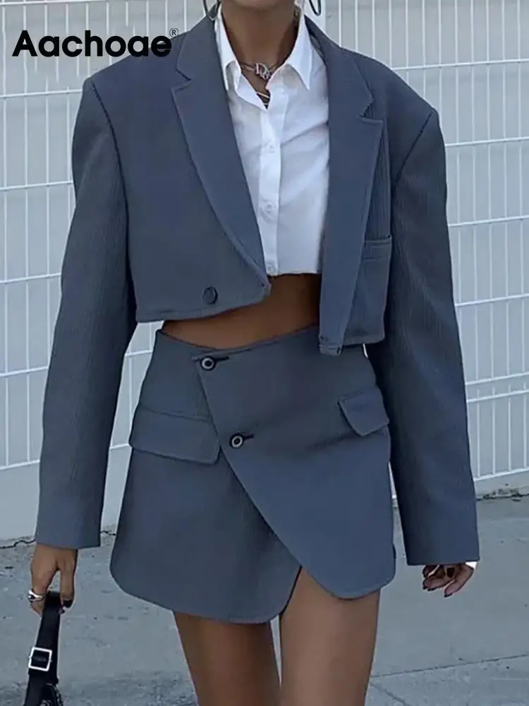 

Aachoae Solid Color Streetwear 2 Piece Corduroy Set Women Long Sleeve Cropped Jacket With High Waist Mini Skirts Outfits